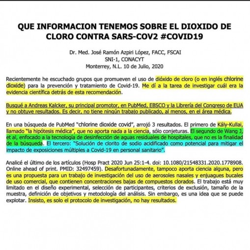 Análisis de un muy buen medico, el Dr. José Ramón Azpiri (Cardiólogo Intervencionista) sobre el Dióxido de cloro.