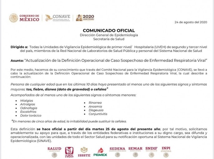 Nueva definicion de caso sospechoso de COVID 19.